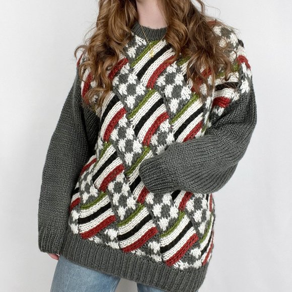 Vintage Chunky Knit Woven Plaid Argyle Striped Oversized Sweater Slouchy Cozy XL - Picture 1 of 8